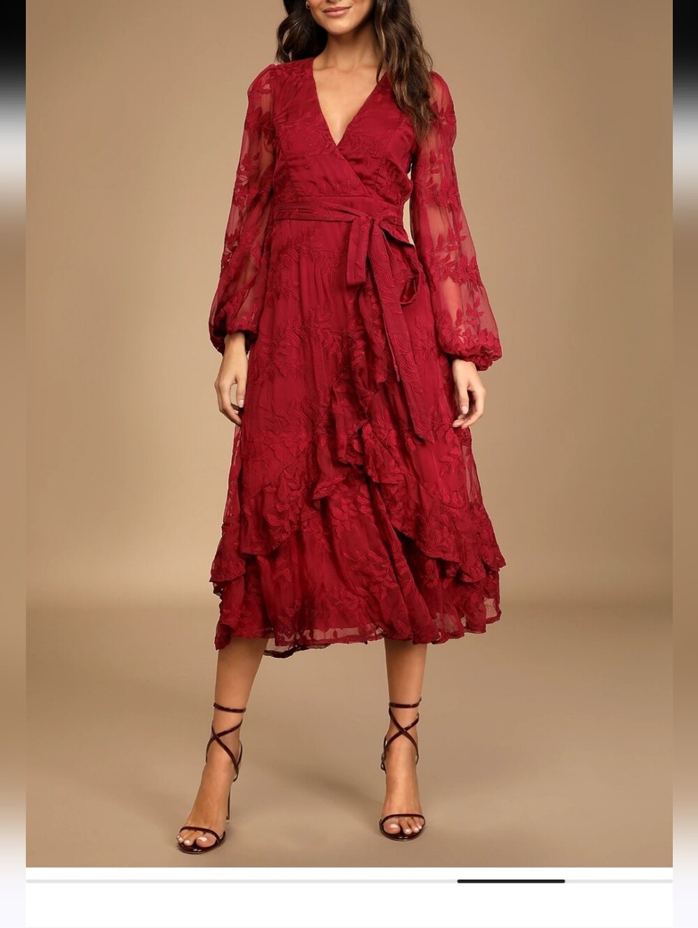 Lulus Spectacular  Burgundy Embroidered Faux Wrap Midi Dress Wedding Guess